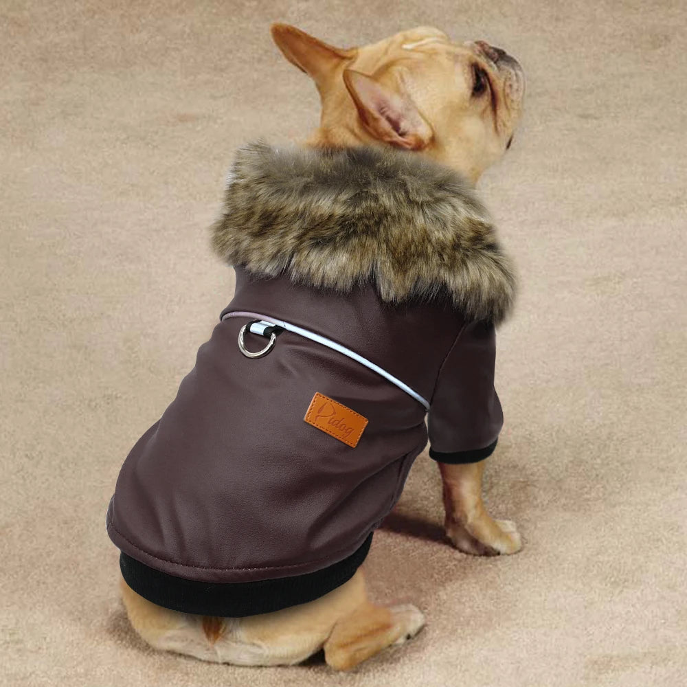 Pu Leather Waterproof Jacket Fur Collar Dog Clothes