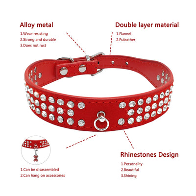 Rhinestone 3 Rows Suede Leather Diamante Dog Collar