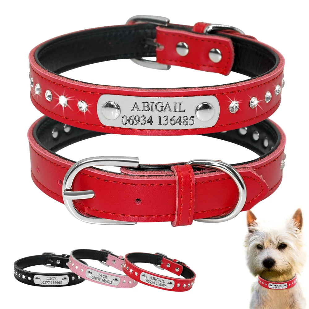 Black Red Pink Personalized Engraved Leather Dogs Puppy Collar