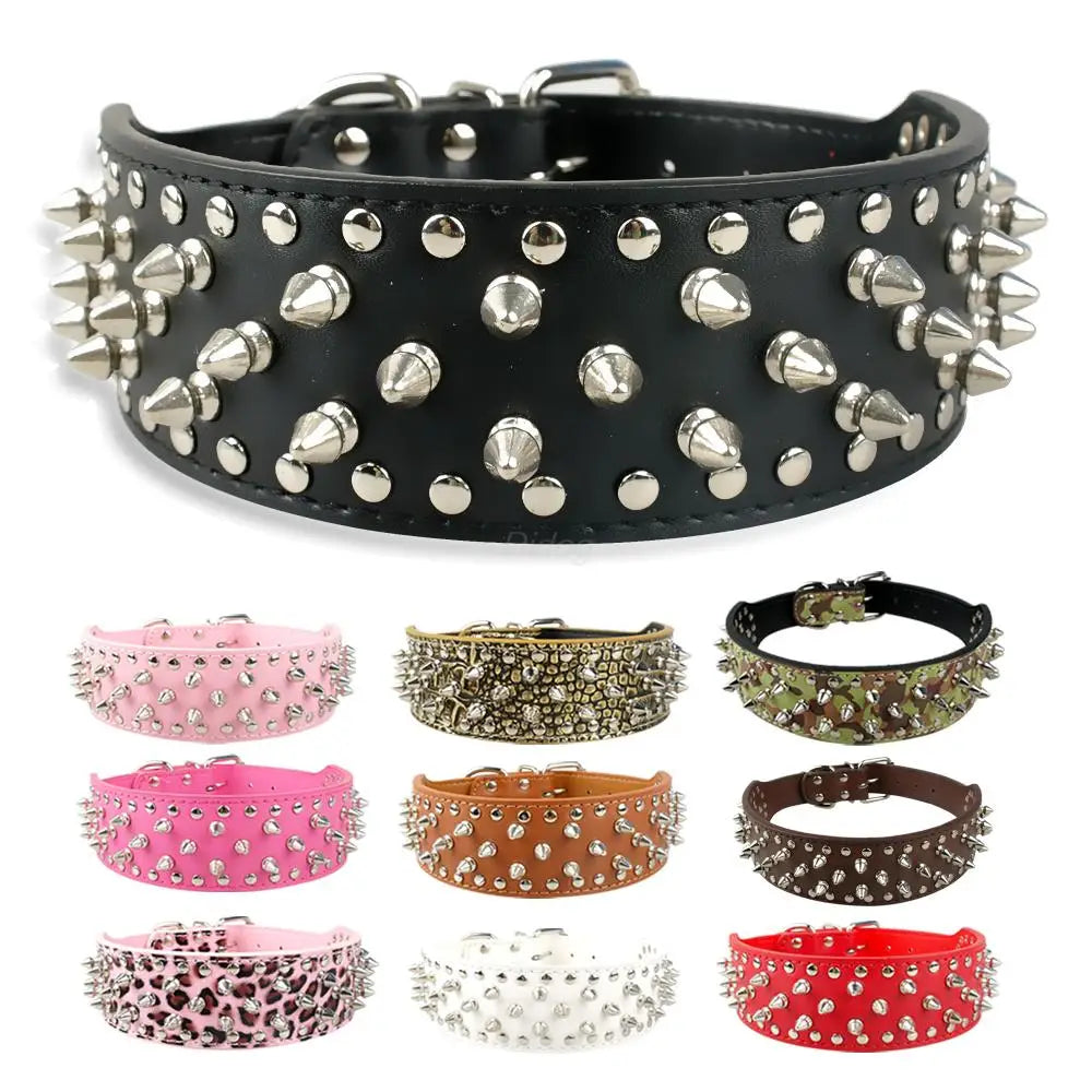 2 inch Wide Spiked Studded Leather Dogs Collars