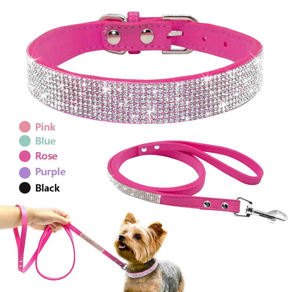 Suede Leather Puppy Dog Collar Leash Set Adjustable