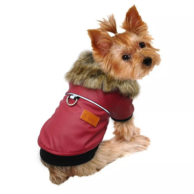 Pu Leather Waterproof Jacket Fur Collar Dog Clothes