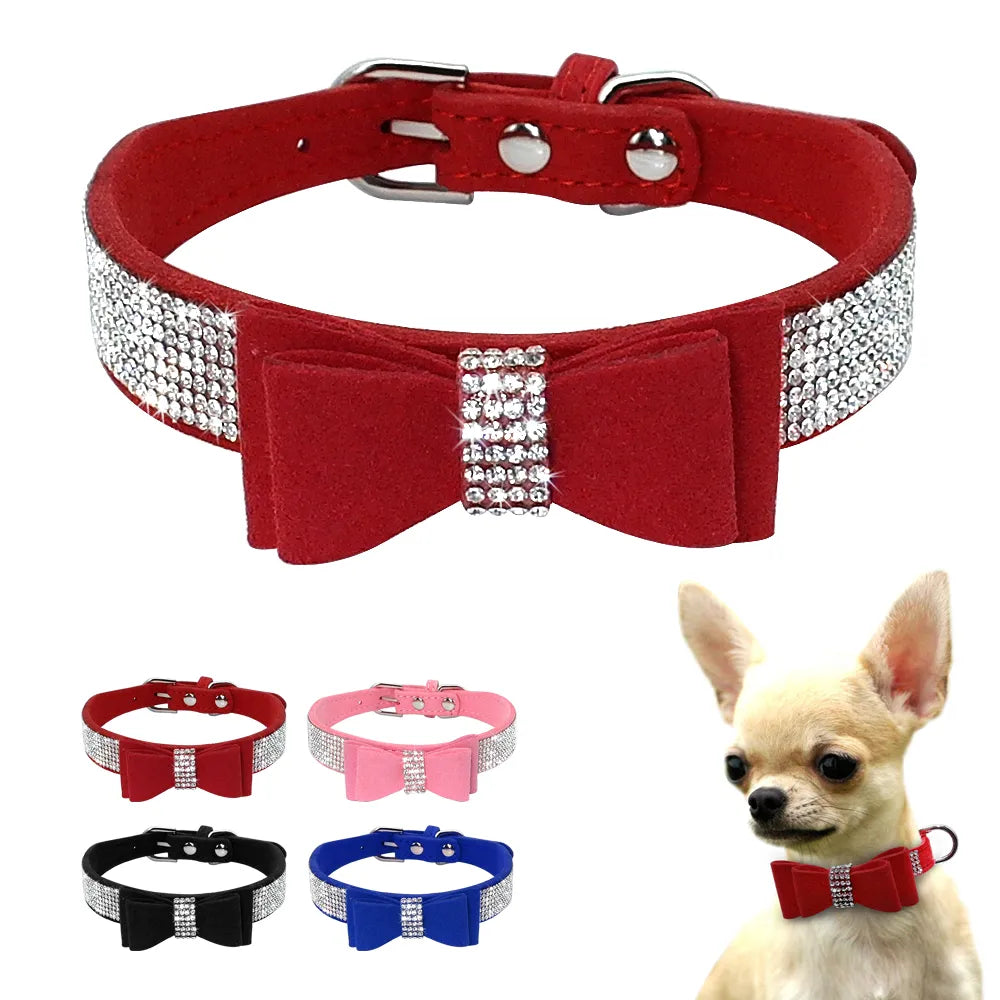 Soft Suede Leather Bling Rhinestone Bow knot Kitten Dog Collar