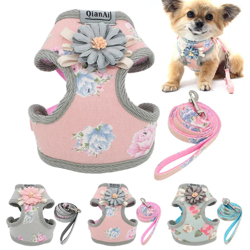 Leash Set Fashion Lovely Floral Breathable Adjustable Dog Harness
