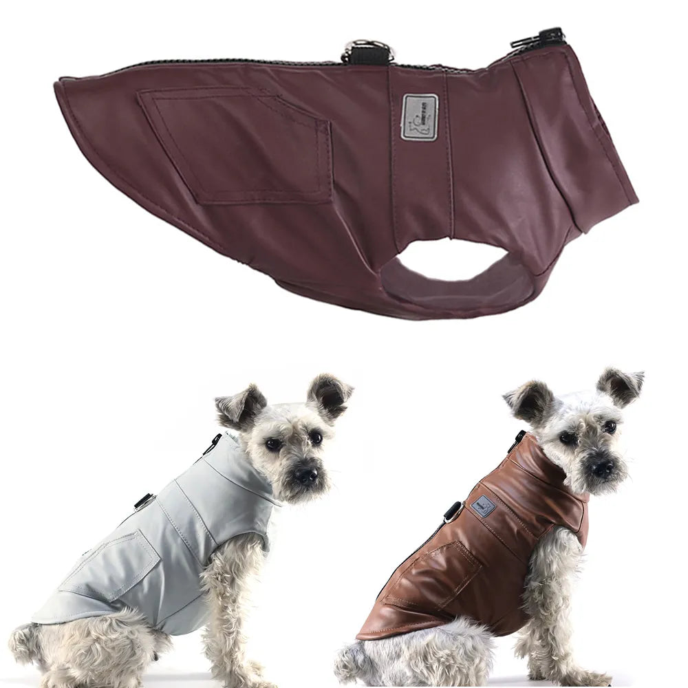 Waterproof PU Leather Jacket Winter Warm Dog Clothes